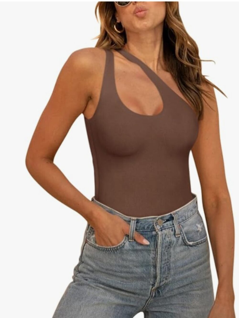 One Shoulder Cutout Bodysuit – Mocha Brown – Size Large – Sleek & Sculpting